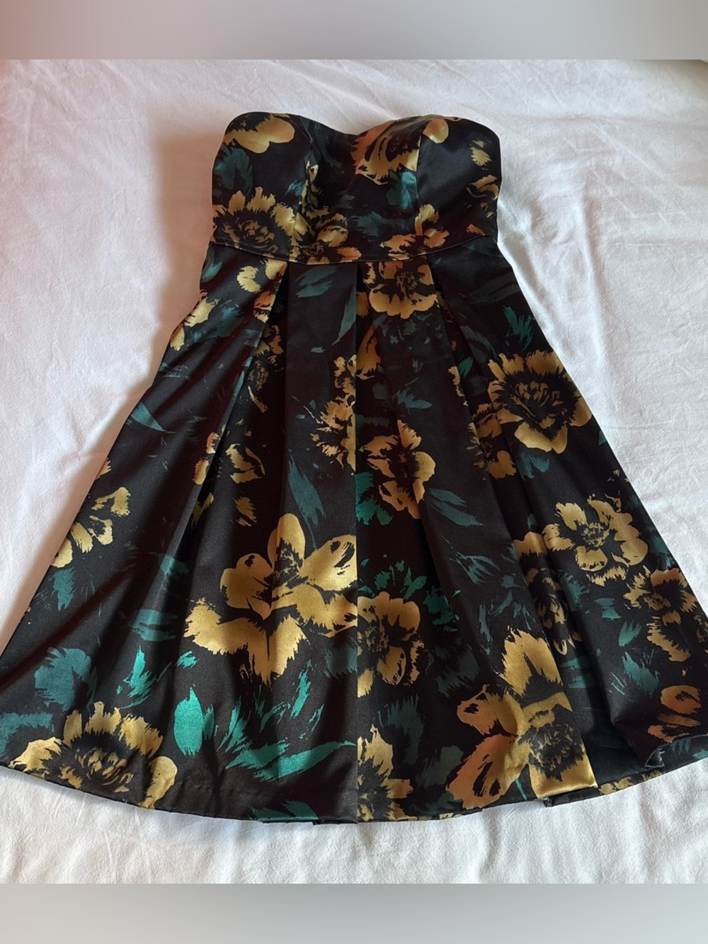 Guess Y2K Strapless Pleated Black with Gold Flowers and Green Leaves Mini Dress